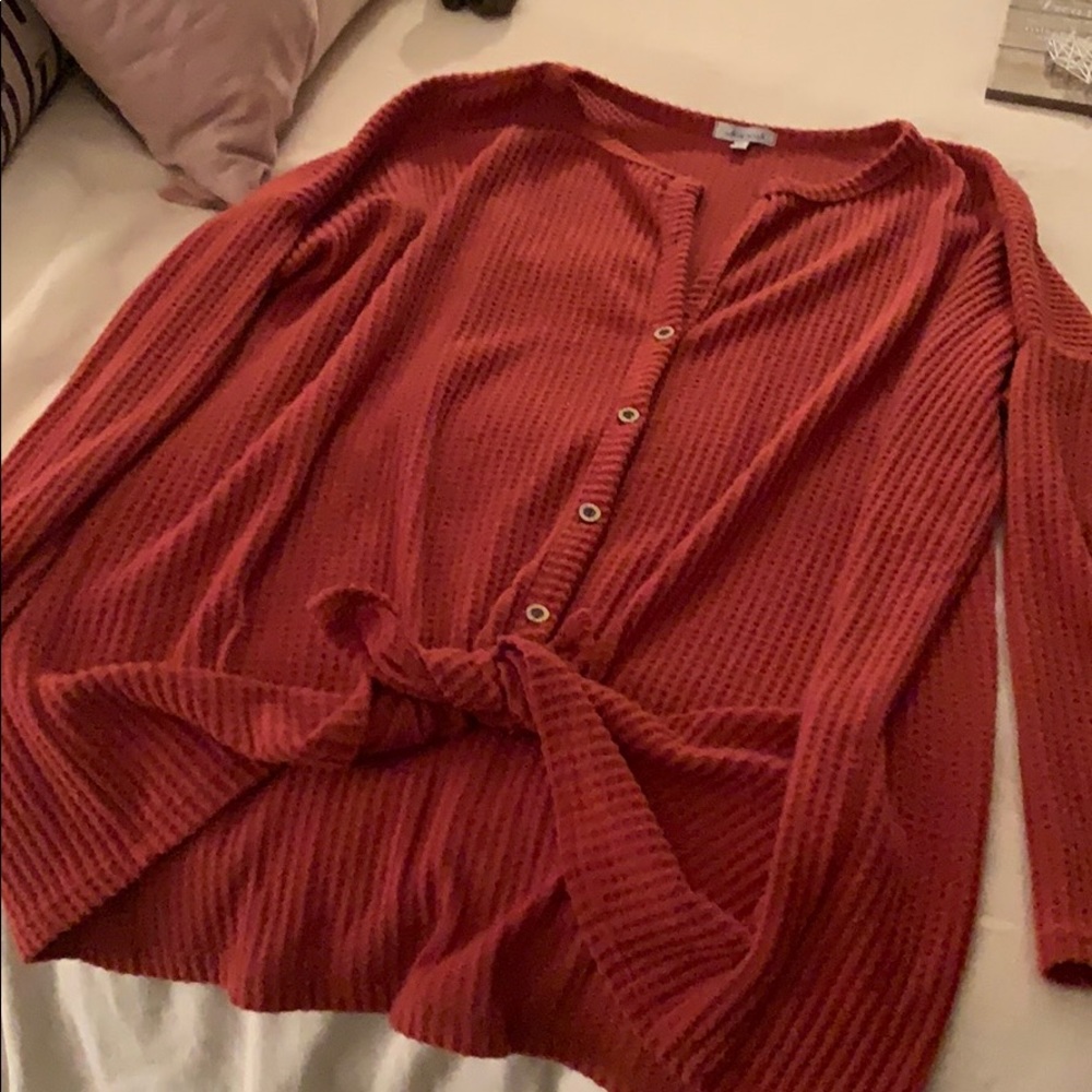 Waffle knit tie front top